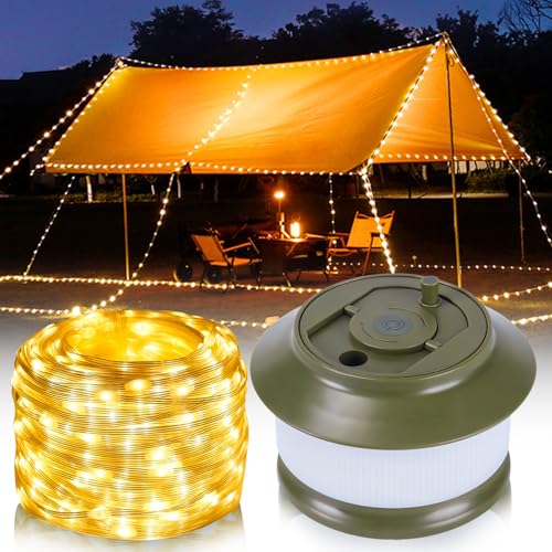 Camping Lichterkette Aufrollbar, 2 in 1 20M Camping Lichterkette Außen, Wiederaufladbar über USB, Tragbare Wasserdichte Campinglampe mit 5 Beleuchtungsmodi für Camping, Garten, Wandern, Outdoor (Grün) von FZQBEY