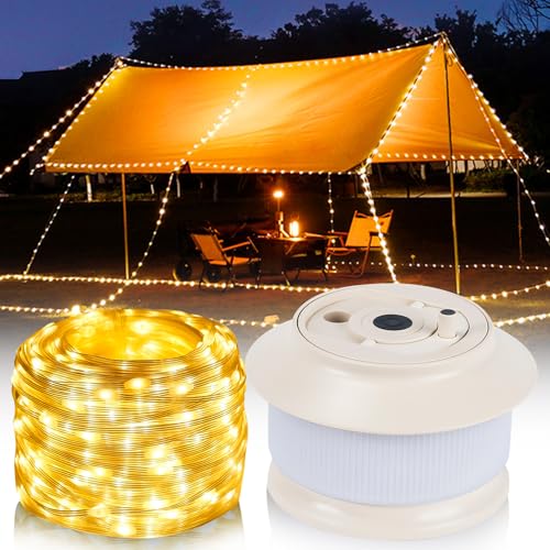 Camping Lichterkette Aufrollbar, 2 in 1 20M Camping Lichterkette Außen, Wiederaufladbar über USB, Tragbare Wasserdichte Campinglampe mit 5 Beleuchtungsmodi für Camping, Garten, Wandern, Outdoor (Weiß) von FZQBEY