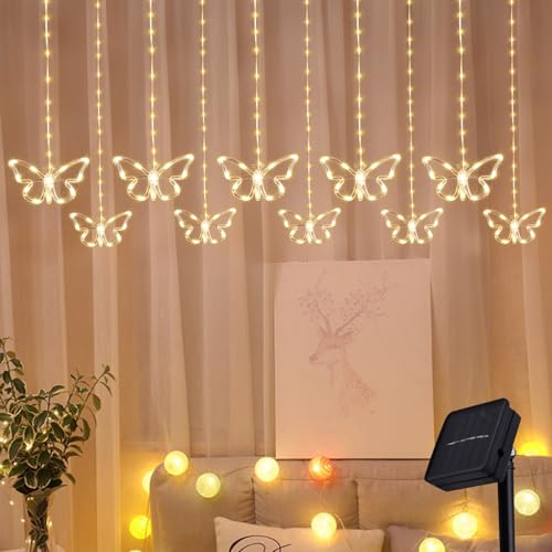 FZQBEY Lichtervorhang Innen, 3M Schmetterling Fenster Lichterketten Vorhang Lichterkettenvorhang Solar 8 Modi 120 LED Lichterkette mit 10 Haken und Erdungsstecker für Hochzeit Party Innen Außen Deko von FZQBEY