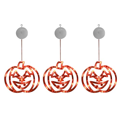 Hängende Halloween Deko Kürbis Fensterlichter mit Saugnapf Haken, Halloween Dekoration Orange Kürbis Fensterdeko Lichter Batteriebetriebene Innenbeleuchtung für Halloween Fensterdekoration (3 Stück) von FZQBEY