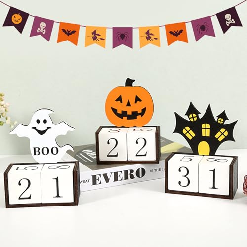 Halloween Adventskalender, Halloween Deko Countdown Kalender aus Holz, Halloween Deko Innen Kürbis Geister Kalender mit 2 Bewegliche Ziffernblöcke zum Zählen für Halloween Dekoration Tischdeko (3PCS) von FZQBEY