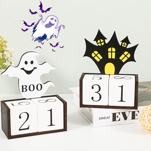 Halloween Adventskalender, Halloween Deko Countdown Kalender aus Holz, Halloween Deko Innen Kürbis Geister Kalender mit 2 Bewegliche Ziffernblöcke zum Zählen für Halloween Dekoration Tischdeko (B+C) von FZQBEY