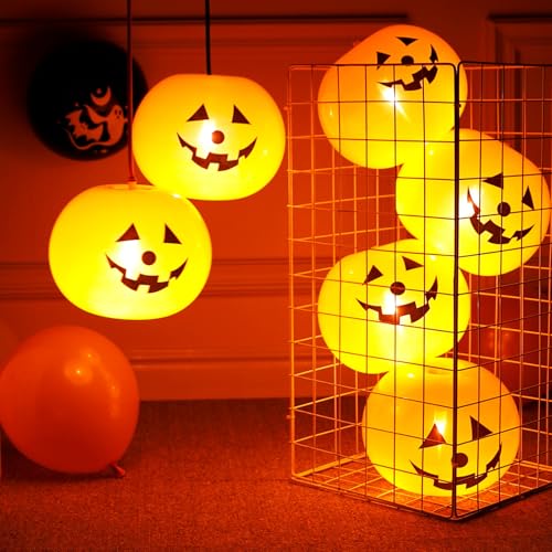 Halloween Deko Aufblasbarer Kürbis, 5 Stück Halloween Deko Outdoor Aufblasbare Kürbis Luftballons Kürbis Aufblasbare Halloween Kürbis Deko Ballons mit LED Lichter, für Halloween Party Dekoration (A) von FZQBEY