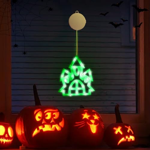 Halloween Deko Fenster Licht, Halloween Fensterlichter mit Saugnapf, Hängende Halloween Dekoration Fensterdeko Lichter Batteriebetriebene Innenbeleuchtung für Halloween Fensterdekoration (Schloss) von FZQBEY