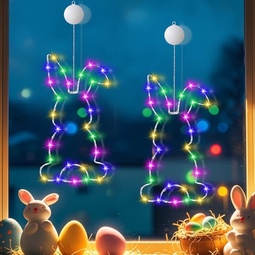 Osterdeko LED Fenster Licht, 2 Stück Lichterkette Ostern Osternhasen Fensterlichter mit Timer Batteriebetrieben, Osterdeko zum Aufhängen LED Lichterkette Fensterbeleuchtung für Innen Fensterdeko (D) von FZQBEY