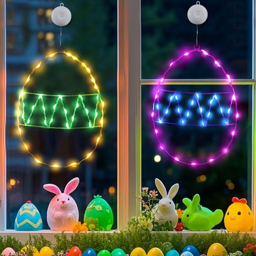 Osterdeko LED Fenster Licht, 2 Stück Ostern Deko LED Lichterkette Osternhasen Fensterlichter mit Saugnäpfe Batteriebetrieben, Osterbeleuchtung Fensterdeko Osterhase zum Aufhängen für Innen Draußen (D) von FZQBEY