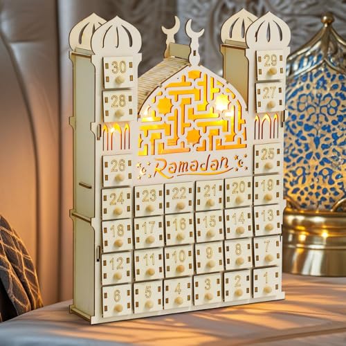 Ramadan Deko Adventskalender, Ramadan Countdown Kalender aus Holz mit Lichtern und 30 Schubladen, Eid Mubarak Kalender Ramadan Dekoration Handgefertigter Kirchen Desktop Kalender für Zuhause ﻿ (A) von FZQBEY