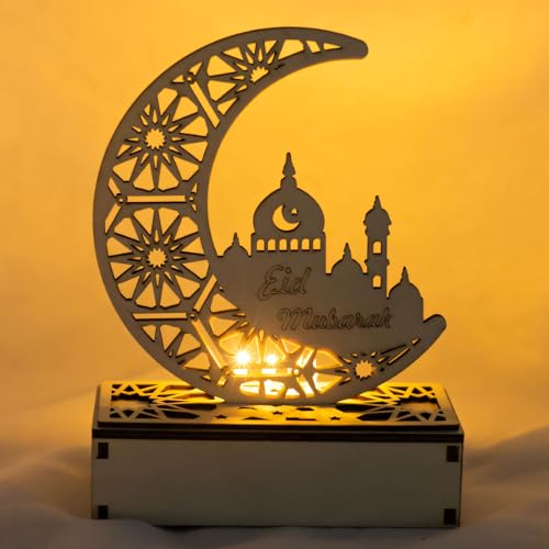 Ramadan Deko LED Holz Lampe, Ramadan Dekoration Holz Lichter, Eid Mubarak Dekoration Ramadan Mond Stern Nachtlicht, Ramadan LED Muslim Schreibtischlampe Nachttischlampe für Ramadan Tischdeko (A) von FZQBEY