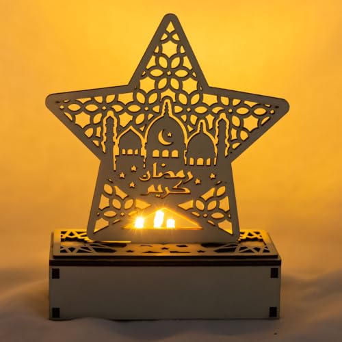 Ramadan Deko LED Holz Lampe, Ramadan Dekoration Holz Lichter, Eid Mubarak Dekoration Ramadan Mond Stern Nachtlicht, Ramadan LED Muslim Schreibtischlampe Nachttischlampe für Ramadan Tischdeko (B) von FZQBEY