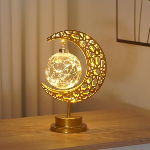 Ramadan Deko LED Mond Stern Lampe Lichterkette, Metall Rattan Ramadan Tischdeko Lichter, Eid Mubarak Dekoration Nachtlicht, Ramadan Lichter Schreibtischlampe Ramadan Dekoration Nachttischlampe (B) von FZQBEY