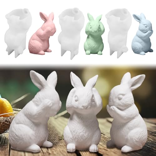 Silikonformen Gießformen Ostern,Silikonform Ostern Hase Gießformen Silikon Gießform Ostern Frühling Silikonform Osterhase Gipsformen zum Gießen 3D Kaninchen Giessformen Silikon Gießform Hase (3 Stück) von FZQBEY