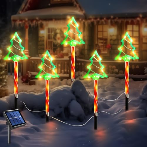 Solar Weihnachtsbeleuchtung Außen, 5 Stück LED Solar Weihnachtsbaum 8 Modi Solar Lichterkette Weihnachtsdeko Aussen, Wasserdicht Solarlampen Außen Gartenbeleuchtung für Terrasse Gehweg Hof Rasen von FZQBEY