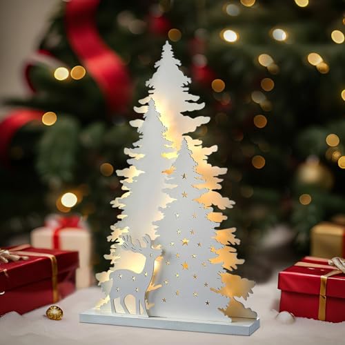 Weihnachtsdeko Holz Weihnachtsbaum Elch mit Lichterkette, Leuchtender Weihnachtsbaum Deko aus Holz, LED Weihnachtsbaum Elch Licht Weihnachtsdeko Innen, Tannenbaum Holz für Weihnachten Tisch Deko (B) von FZQBEY