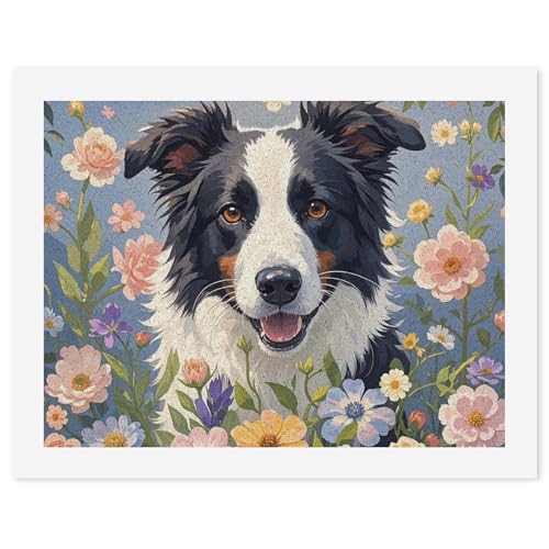 FZQVSGW Digitales Ölgemälde für Erwachsene, Anfänger, Malen nach Zahlen, Border Collie, Blumen, digitale Ölfarben nach Zahlen für Erwachsene, einfaches Leinwand-Kunstdruck-Set für Zuhause, von FZQVSGW