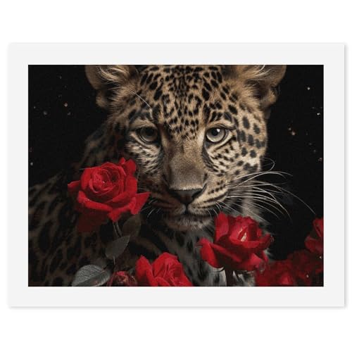 FZQVSGW Digitales Ölgemälde für Erwachsene, Anfänger, Malen nach Zahlen, Rosen-Leopard, digitale Ölfarben nach Zahlen für Erwachsene, einfaches Leinwand-Kunstdruck-Set für Heimdekoration, 30 x 40 cm von FZQVSGW