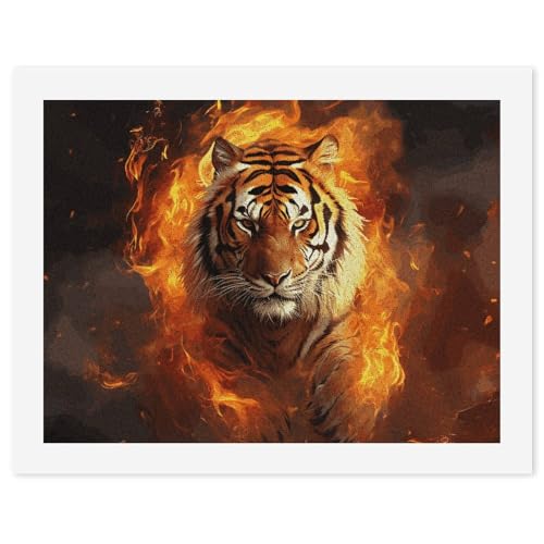 FZQVSGW Digitales Ölgemälde für Erwachsene, Anfänger, Malen nach Zahlen, cooler Tiger in Flamme, digitale Ölfarben nach Zahlen für Erwachsene, einfaches Leinwand-Kunstdruck-Set für Heimdekoration, 30 von FZQVSGW