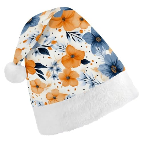 FZQVSGW Weihnachtsmützen für Erwachsene, Weihnachtsfest, Festliche Weihnachtsmützen für Männer und Frauen, Weihnachtsmann-Weihnachtsmütze, Blau und Orange Blumen, Nikolausmütze von FZQVSGW