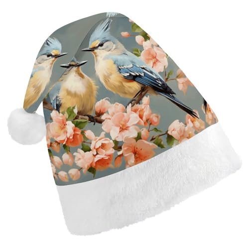 FZQVSGW Weihnachtsmützen für Erwachsene, Weihnachtsfest, Festliche Weihnachtsmützen für Männer und Frauen, Weihnachtsmannmütze, Blumen- und Vogelmalerei, Weihnachtsmannmütze von FZQVSGW