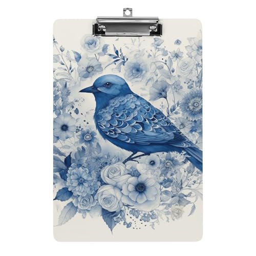 Klemmbrett Bluebird und Blumen Büro-Klemmbrett 21,6 x 32,5 cm, Acryl-Klemmbrett mit Metallclip, Briefgröße, A4-Halter, niedliches hängendes Klemmbrett für die Arbeit von FZQVSGW