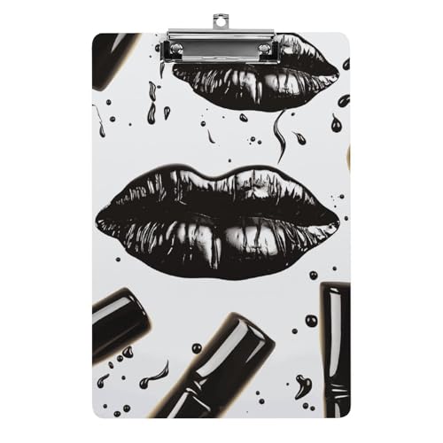 Klemmbrett Cool Black Lippenstift Lippen Büro Klemmbrett 21,6 × 32,5 cm Acryl Klemmbrett mit Metallclip Briefgröße A4 Halter Niedliches Hängendes Klemmbrett für die Arbeit von FZQVSGW