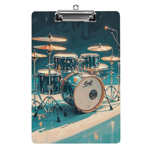 Klemmbrett Cool Drums Set Office Klemmbrett 21,6 × 32,5 cm Acryl Klemmbrett mit Metallclip Briefgröße A4 Halter Niedliches hängendes Klemmbrett für die Arbeit von FZQVSGW