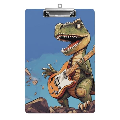 Klemmbrett Dinosaurier spielen Gitarre Büro Klemmbrett 21,6 × 32,5 cm Acryl Klemmbrett mit Metallclip Briefgröße A4 Halter Niedliches hängendes Klemmbrett für die Arbeit von FZQVSGW