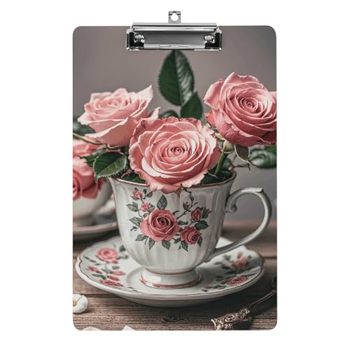 Klemmbrett Teetassen mit Rosen, romantisches Shabby-Büro-Klemmbrett, 21,6 x 32,5 cm, Acryl-Klemmbrett mit Metallclip, Briefgröße, A4-Halter, niedliches hängendes Klemmbrett für die Arbeit von FZQVSGW