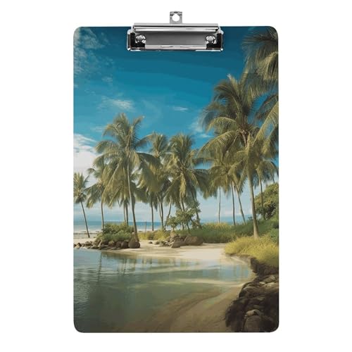 Klemmbrett Tropische Kokosnussbäume Strand Büro Klemmbrett 21,6 x 32,5 cm Acryl Klemmbrett mit Metallclip Briefgröße A4 Halter Niedliches hängendes Klemmbrett für die Arbeit von FZQVSGW