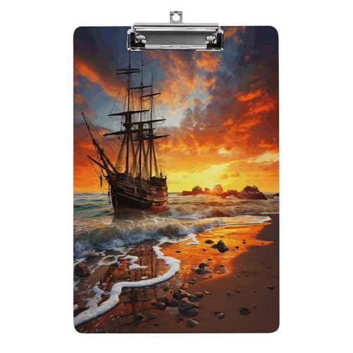 Acryl-Klemmbrett Piratenschiff im Sonnenuntergang, bedruckt, niedlich, dekorativ, glitzernd, Klemmbrett für Damen, 21,6 x 28,9 cm von FZQVSWTX