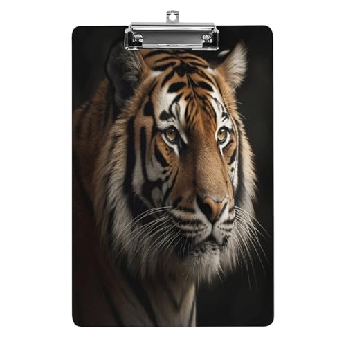 Acryl-Klemmbrett Tiger auf schwarzem Hintergrund, bedruckt, niedlich, dekorativ, glitzernd, Klemmbrett für Damen, 21,6 x 28,9 cm von FZQVSWTX