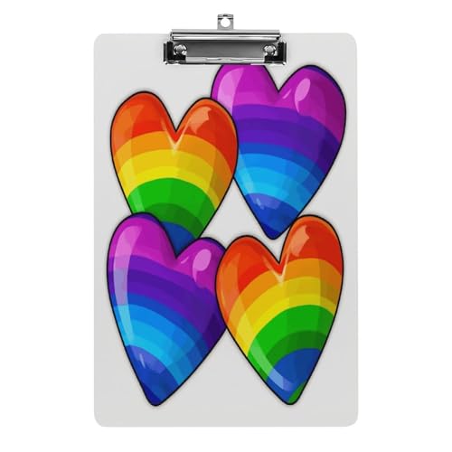 Acryl-Klemmbrett in Regenbogenfarben, Gay-Pride-Herzen, bedruckt, niedlich, dekoratives Glitzer-Klemmbrett für Damen, 21,6 x 28,9 cm von FZQVSWTX