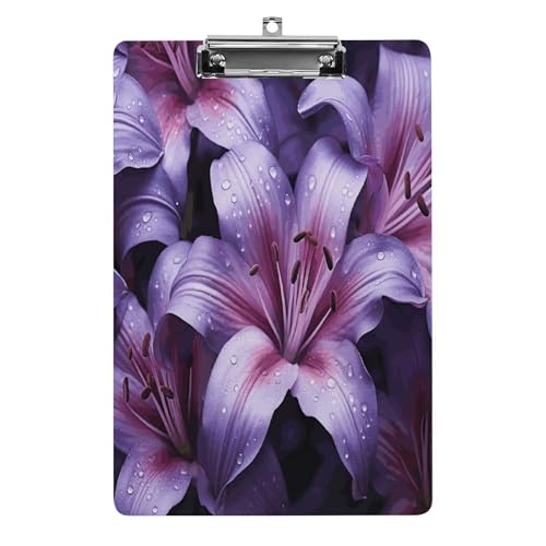 Acryl-Klemmbrett lila Lilien Blumen bedruckt niedlich dekoratives Glitzer-Klemmbrett Frauen Klemmbretter 21,6 x 28,9 cm von FZQVSWTX