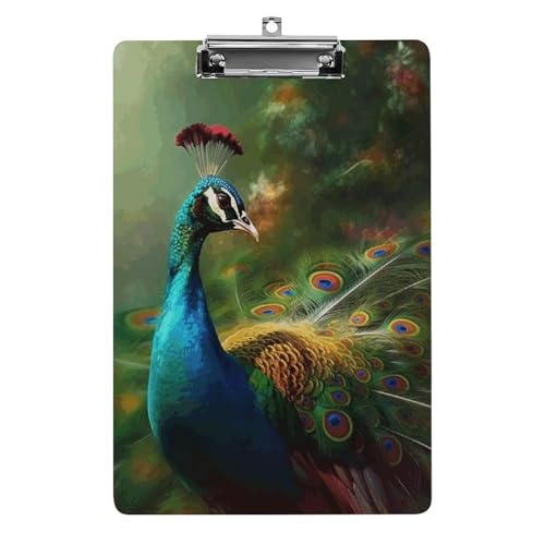 Acryl-Klemmbrett mit buntem Pfau, bedruckt, niedlich, dekoratives Glitzer-Klemmbrett, 21,6 x 28,9 cm von FZQVSWTX