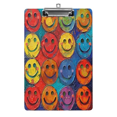 Acryl-Klemmbrett mit buntem Smiley-Gesicht, bedruckt, niedlich, dekorativ, glitzernd, Klemmbrett für Damen, 21,6 x 28,9 cm von FZQVSWTX