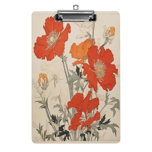 Acryl-Klemmbrett mit leuchtend orangefarbenen Blumen, bedruckt, niedlich, dekoratives Glitzer-Klemmbrett, 21,6 x 28,9 cm von FZQVSWTX