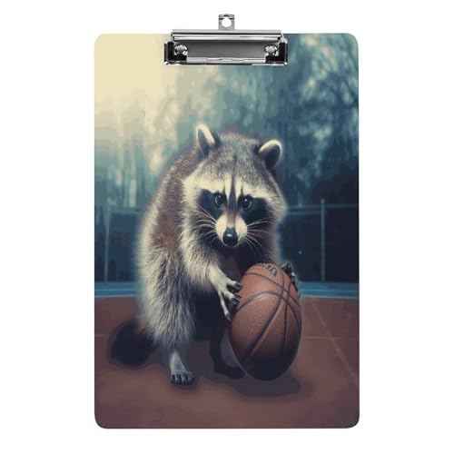 Acryl-Klemmbrett mit lustigem Waschbär-Basketballdruck, niedlich, dekorativ, glitzernd, Klemmbrett für Damen, 21,6 x 28,9 cm von FZQVSWTX