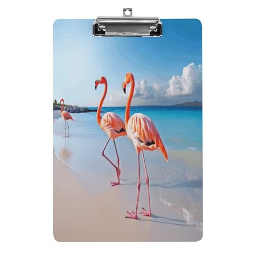 Acryl-Klemmbrett rosa Flamingo am Strand bedruckt niedlich dekorativ Glitzer Klemmbrett Frauen Klemmbretter 21,6 x 28,9 cm von FZQVSWTX