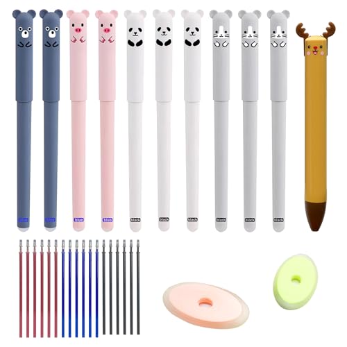 Radierbarer Kugelschreiber,10 Stück Tintenroller Radierbar Mit 18 Nachfüllungen und Exquisitem Zubehör, Mit 2 Cartoon-Radierstift, Adierbares Stift-Set für Studenten, Geschenk, Schule, Bürobedarf von FZSECRIU