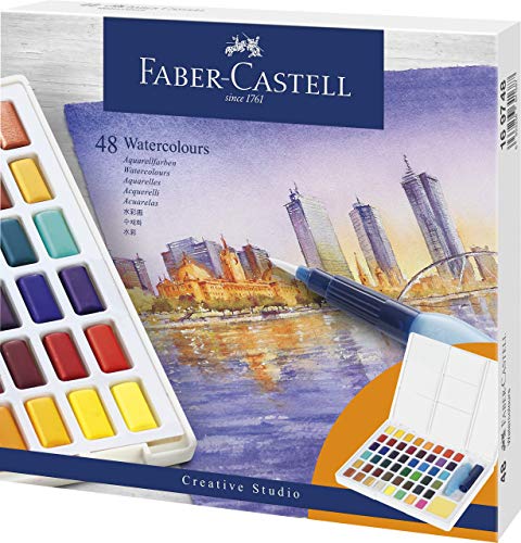 FABER-CASTELL 169748 - Aquarellfarben in Näpfchen, mit Mischpalette und Wassertankpinsel, 48er Etui von Faber-Castell