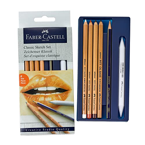 FABER-CASTELL 114004 - Classic Sketch Set, 6-teilig, mit 1 Bleistift, 1 Pitt Oil Base, 3 Pitt Pastellstifte, 1 Papierwischer von Faber-Castell