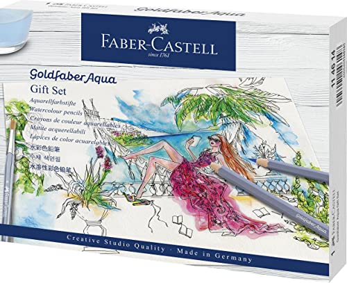 Faber-Castell 114614 - Goldfaber Aqua Aquarellfarbstift Geschenkset, 12 Farbstifte inklusive Fineliner, Bleistift, Aquarellblock, Spitzer, Radierer und Aquarellpinsel von Faber-Castell