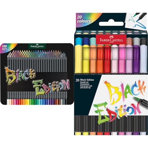 Faber-Castell 116490 - Buntstifte Black Edition, 100er Metalletui, bruchsicher, für Kinder und Erwachsene & 116452 - Filzstifte Set Black Edition 20er Etui, mit Pinselspitze, für Kinder und Erwachsene von Faber-Castell