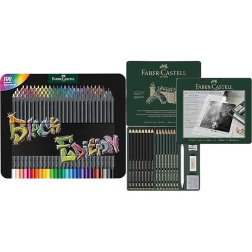 Faber-Castell 116490 - Buntstifte Black Edition, 100er Metalletui & 115224 - Bleistifte Set Pitt Graphite Matt & Castell 9000, 20-teilig, inkl. Papierwischer, Radierer, Knetradierer und Spitzer von Faber-Castell