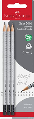 Faber-Castell 117298 - Bleistiftset GRIP 2001 mit Gummi-Tip, Härtegrad: HB, Schaftfarbe: silber, 3 Bleistifte im Blister von Faber-Castell