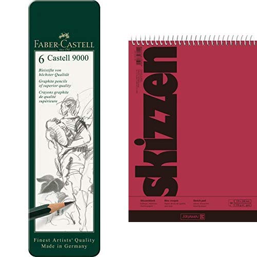 Faber-Castell 119063 Bleistift Castell 9000, 6-er Etui & Brunnen 1047550 Zeichen-/Skizzenblock (17x24cm, 110 g/m², 50 Blatt, mit Spirale) von Faber-Castell