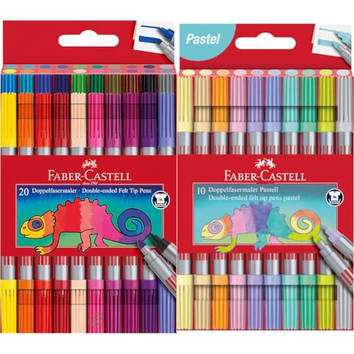 Faber-Castell 151119 - Filzstifte Set 20-teilig, Doppelfasermaler für Kinder und Erwachsene & 151112 - Filzstifte Set Pastell, 10 Doppelfasermaler für Kinder und Erwachsene von Faber-Castell