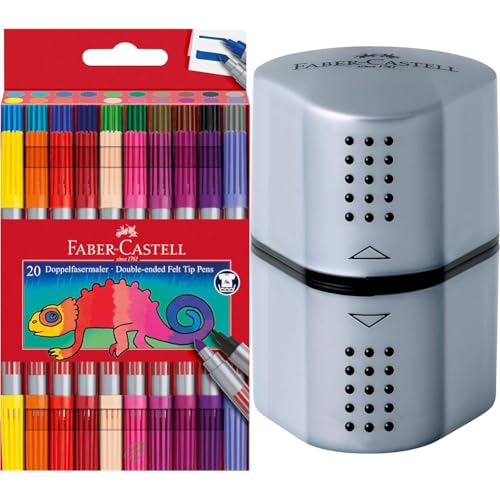 Faber-Castell 151119 - Filzstifte Set 20-teilig, Doppelfasermaler für Kinder und Erwachsene & 183800 - Dosenspitzer Grip 2001, 3in1, Anspitzer mit Behälter für Blei- und Buntstifte von Faber-Castell