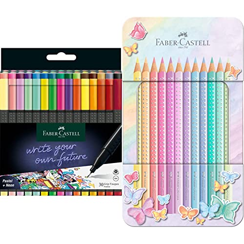 Faber-Castell 151630 - Grip Finepen, Fineliner, mit metallgefasster Faserspitze 0.4 mm, 30er Etui & 201910 - Buntstifte Sparkle Pastell, 12er Metalletui, 12 Stück (1er Pack) von Faber-Castell