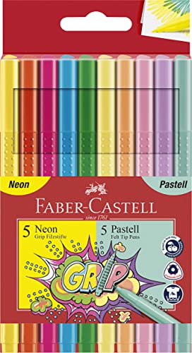 FABER-CASTELL 155312 - Grip Fasermaler Neon & Pastell, 10er Etui von Faber-Castell