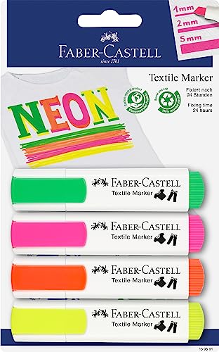 FABER-CASTELL 159591 - Textilmarker in Neonfarben für helle Stoffe, 4 Neon Marker, 1-5 mm Strichbreite von Faber-Castell